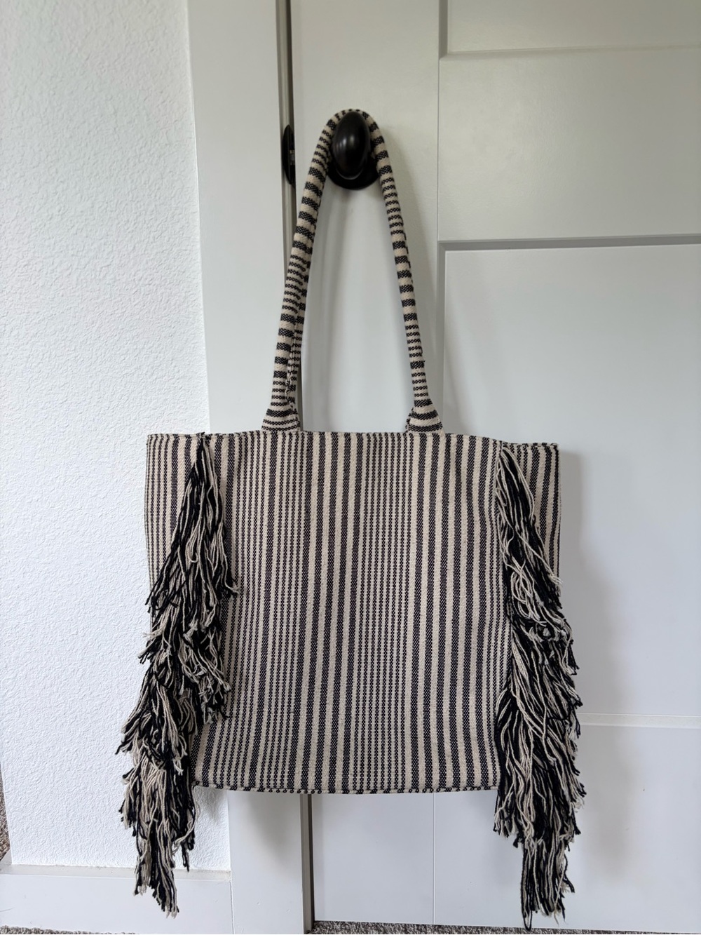 Striped Fringe Tote Bag in Black and Cream